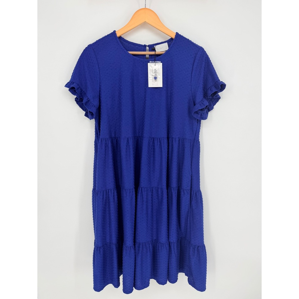 Royal Blue Swiss Dot Tiered Mini Dress Ruffle Sleeve Pockets Large Soft girl